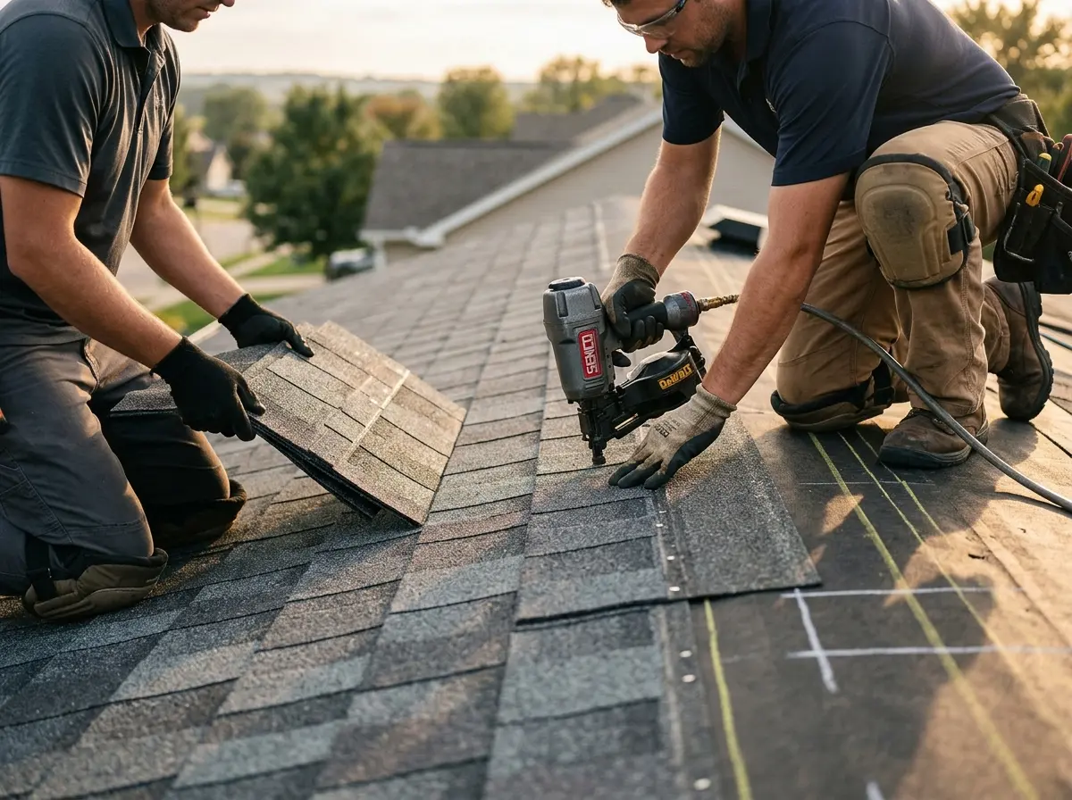 Professional roofer working on a residential roof in Affton